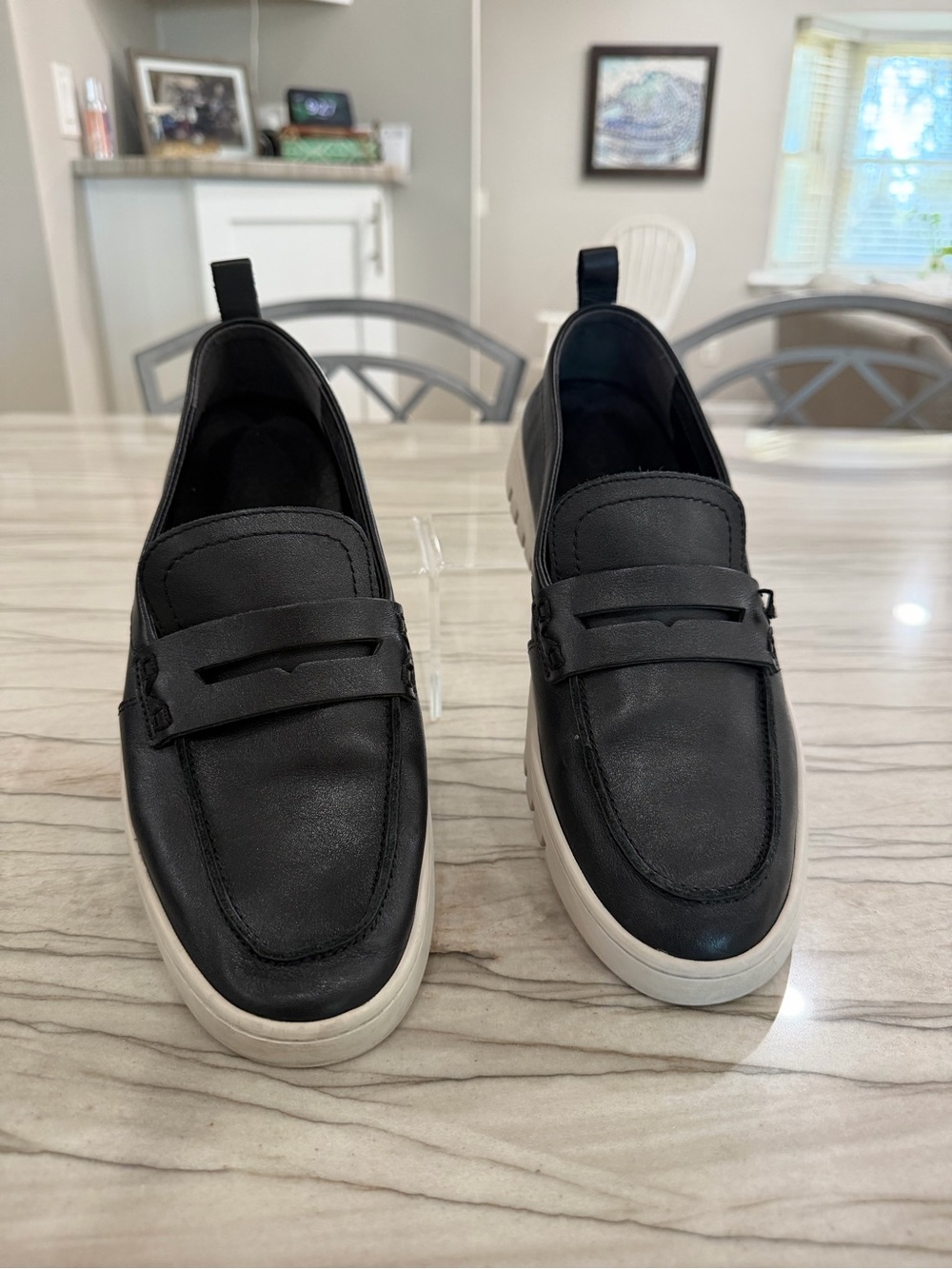 Vionic Black Leather Penny Loafers with White Sole